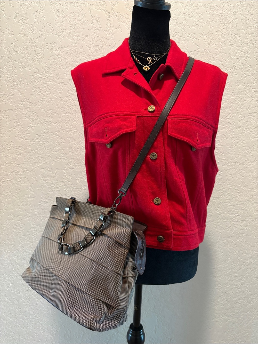 Salvatore Ferragamo Taupe Shoulder Bag Canvas with Chain Accent